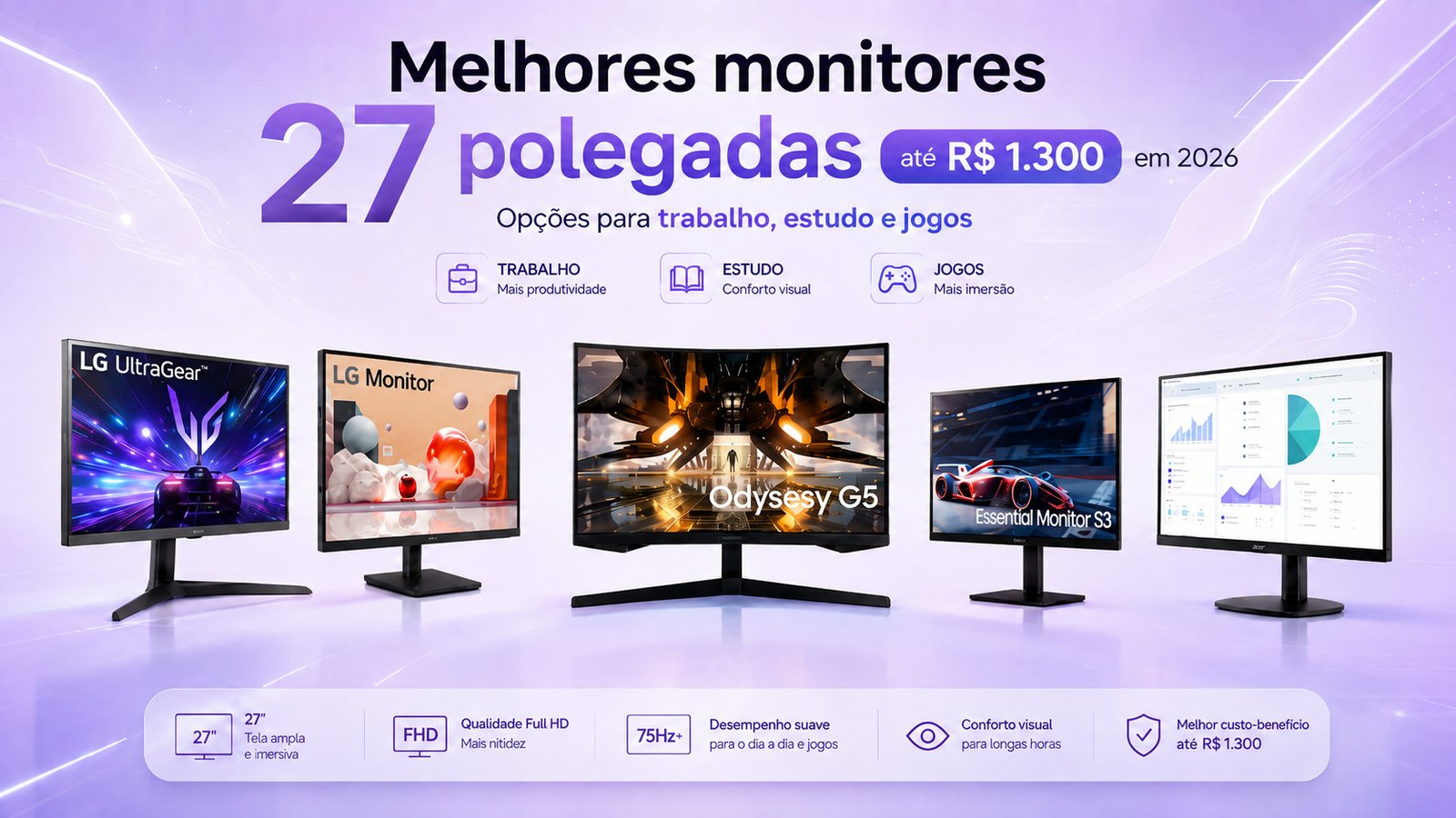 Monitores 27 polegadas até R$ 1.300 para trabalho, estudo e jogos