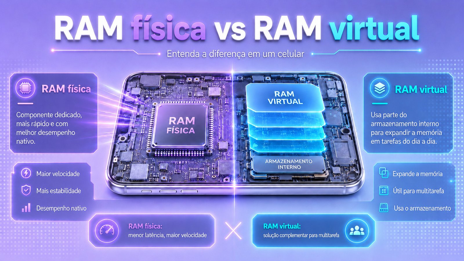 Comparação entre memória RAM física e memória RAM virtual em um celular