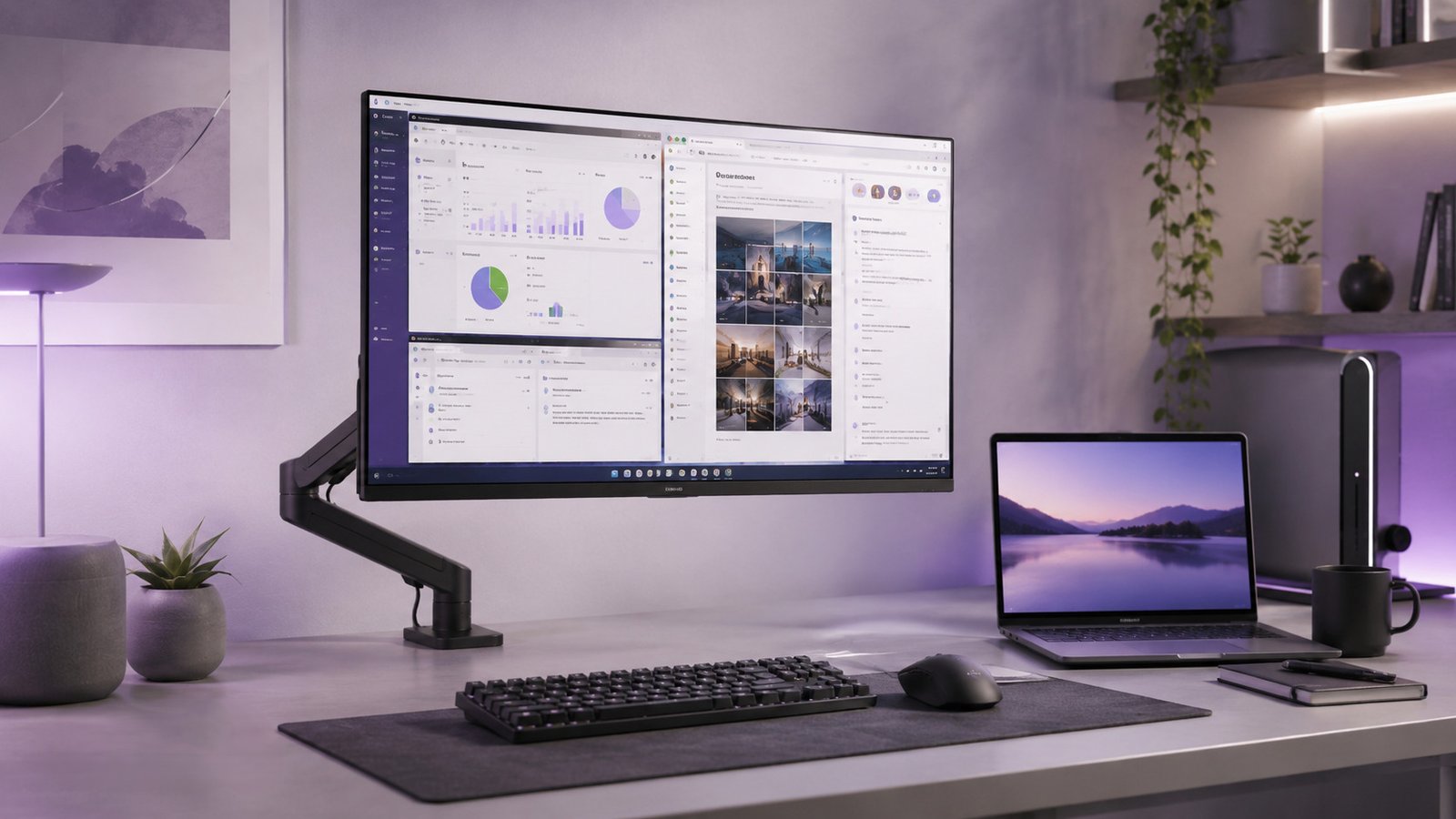 LG UltraGear 27GS60F-B em mesa de trabalho com notebook