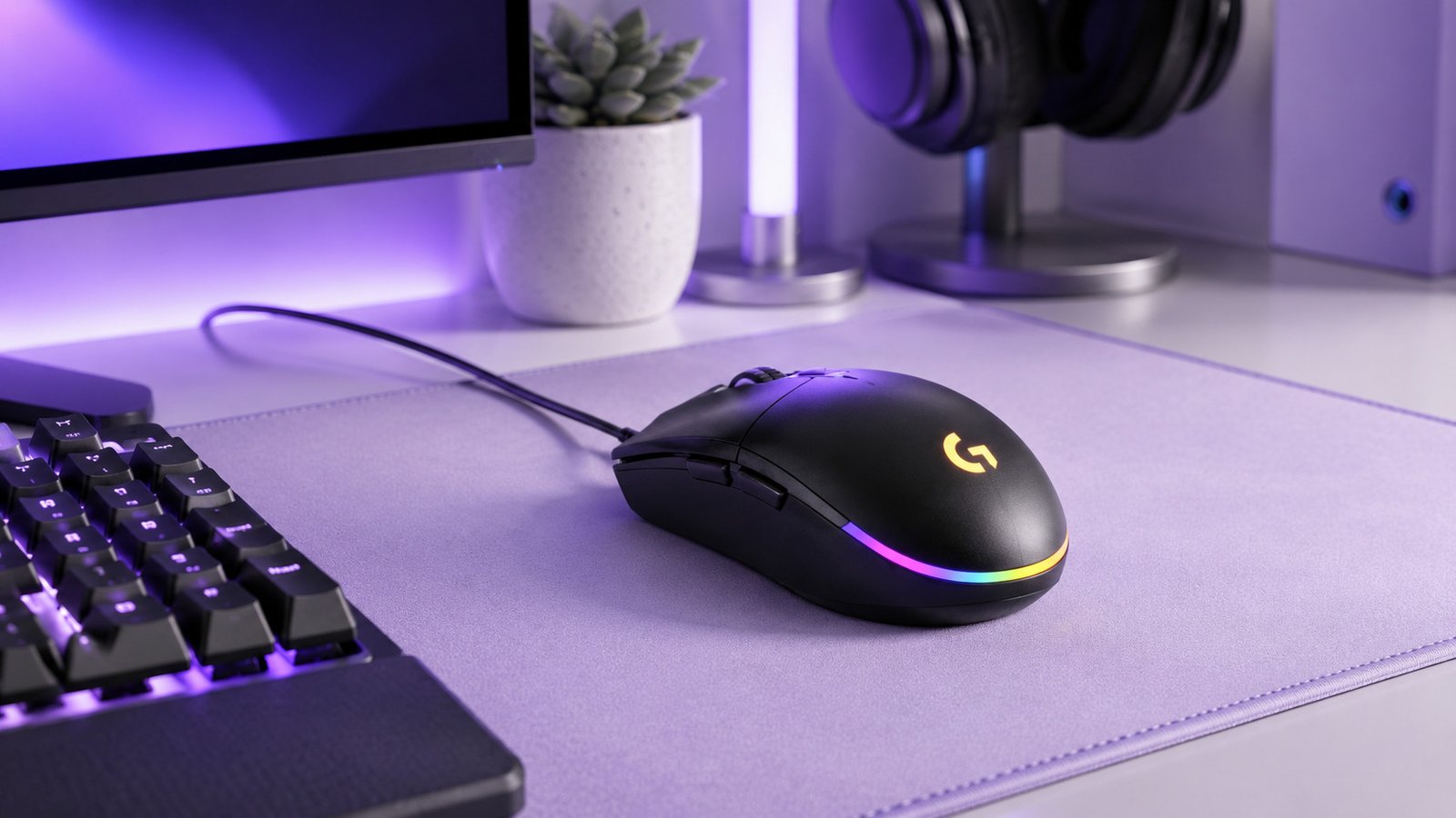 Logitech G203 Lightsync sendo usado com notebook em mesa de estudo
